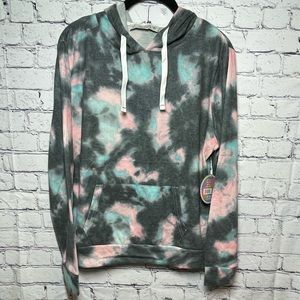 New Suzzi Women’s Soft Pink Grey Blue Tie Dye Long Sleeve Hoodie Size M